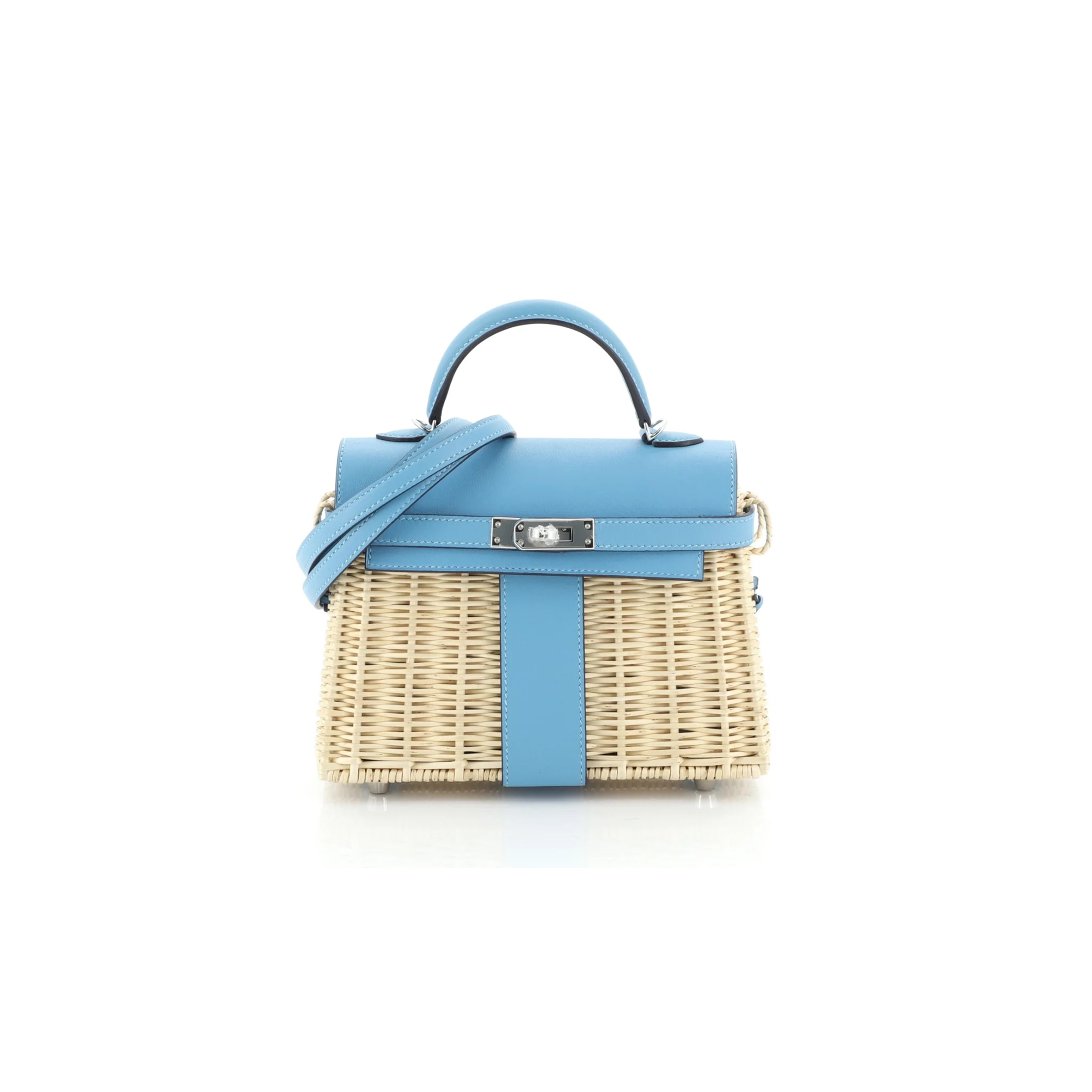 H**mes master picnic mini kelly 20 handbag bleu du nord swift and wicker with palladium hardware (20*14*8cm)